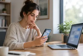 Jeune adulte réfléchissant devant un smartphone et un ordinateur portable dans un intérieur lumineux, illustrant l’usage du langage des chats au quotidien.